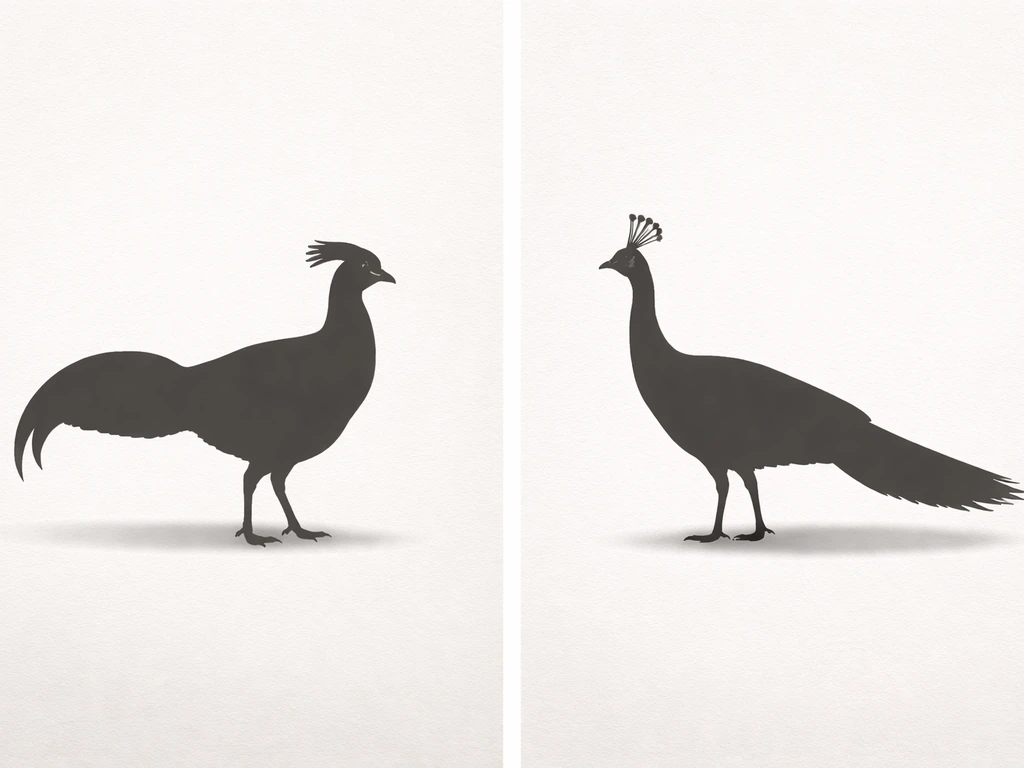Two side-by-side bird silhouettes comparing Siamese fireback vs a green peafowl-like look-alike.