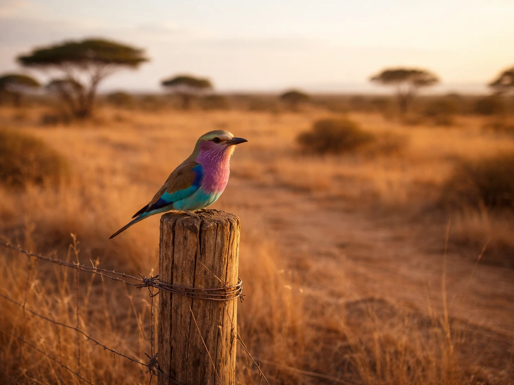 Lilac-breasted roller perched on a fence post over the Kenyan savannah at golden hour.