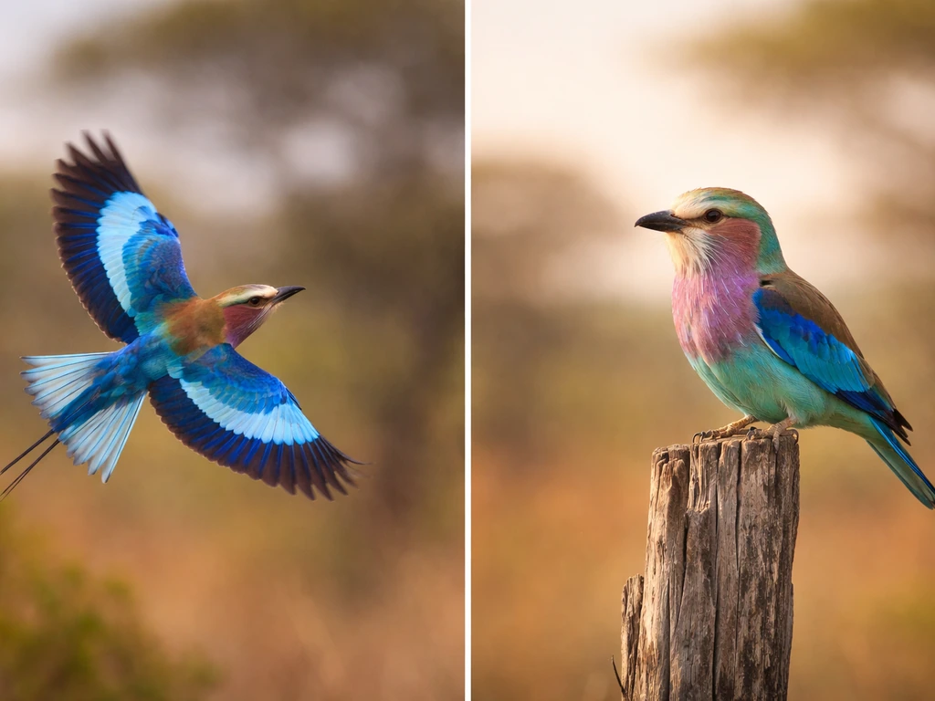 Lilac-breasted roller shown mid-roll in flight and perched on a high branch, minimal Kenya savanna backdrop.