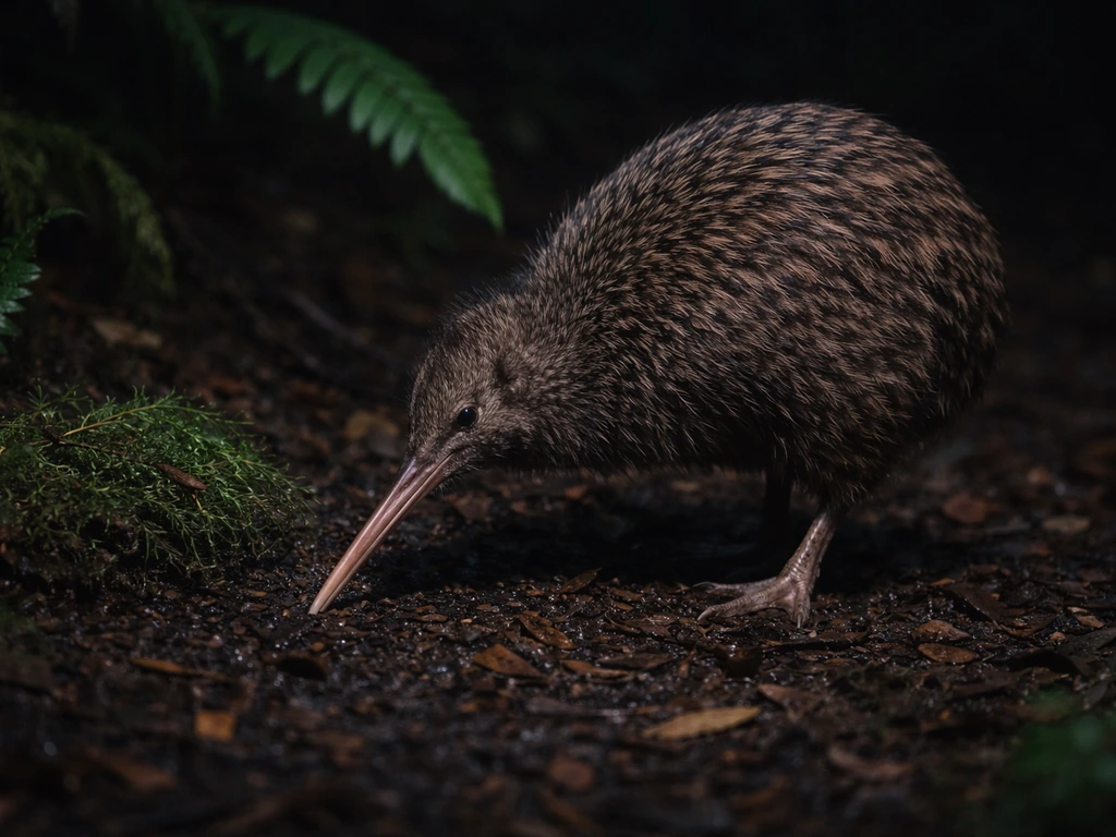 A kiwi walking on a dim forest floor, highlighting its long beak and stubby wings