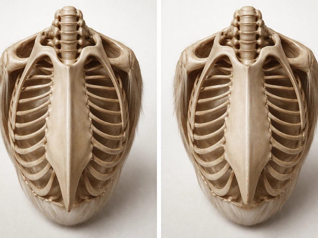Anatomical render showing a bird’s keel absent in a kiwi-like flightless body, minimal background.