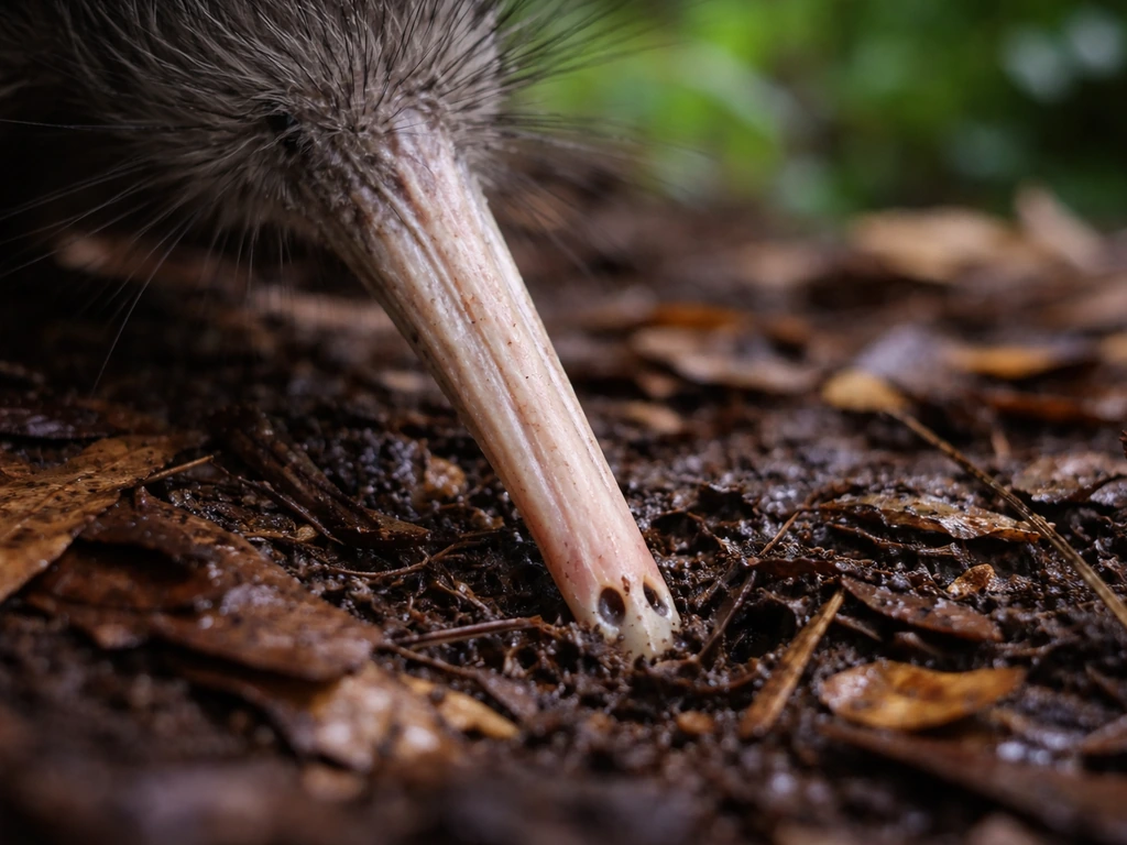 Close-up of a kiwi bill with nostrils near the tip probing forest floor leaf litter.