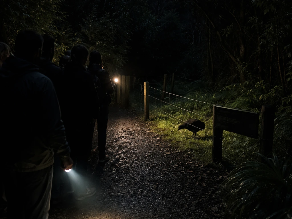 Night tour visitors on a quiet trail near a kiwi enclosure with a kiwi probing the ground.