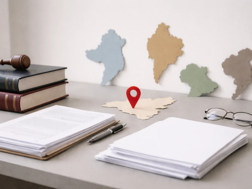 Blank lawbooks and documents beside a map pin with muted country shapes, implying country-by-country choices.