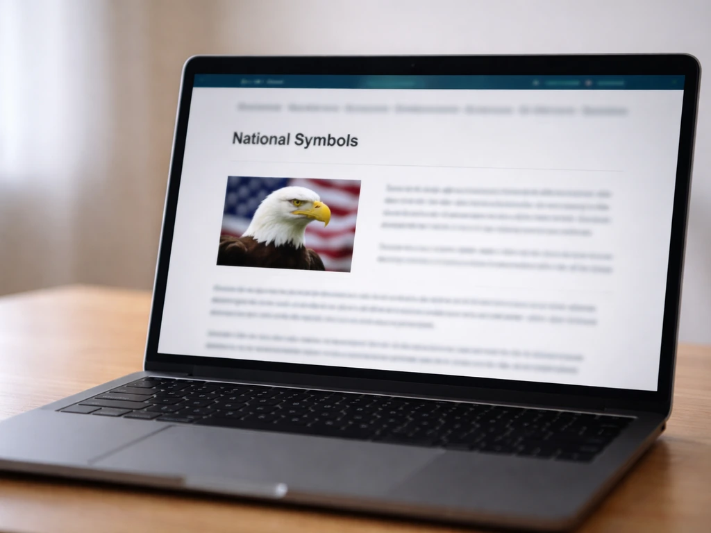 Close-up of a laptop screen showing a government-style national symbols page section and a bald eagle photo thumbnail.
