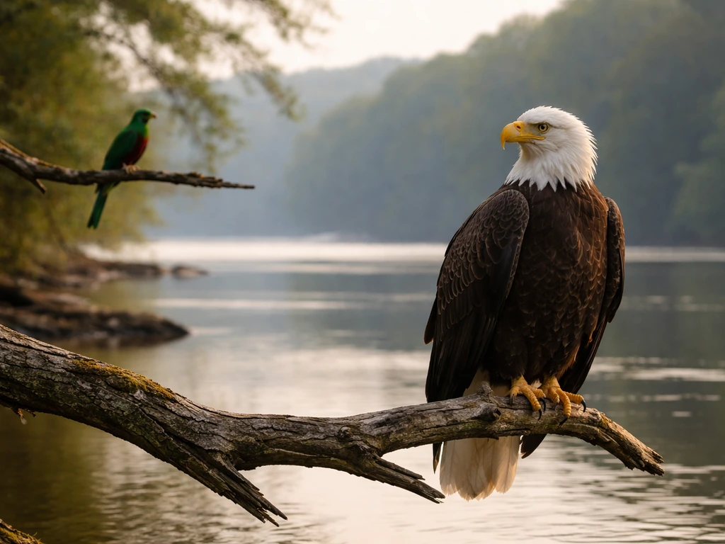 Bald eagle perched by a river with a second Americas bird perched nearby in soft morning light.