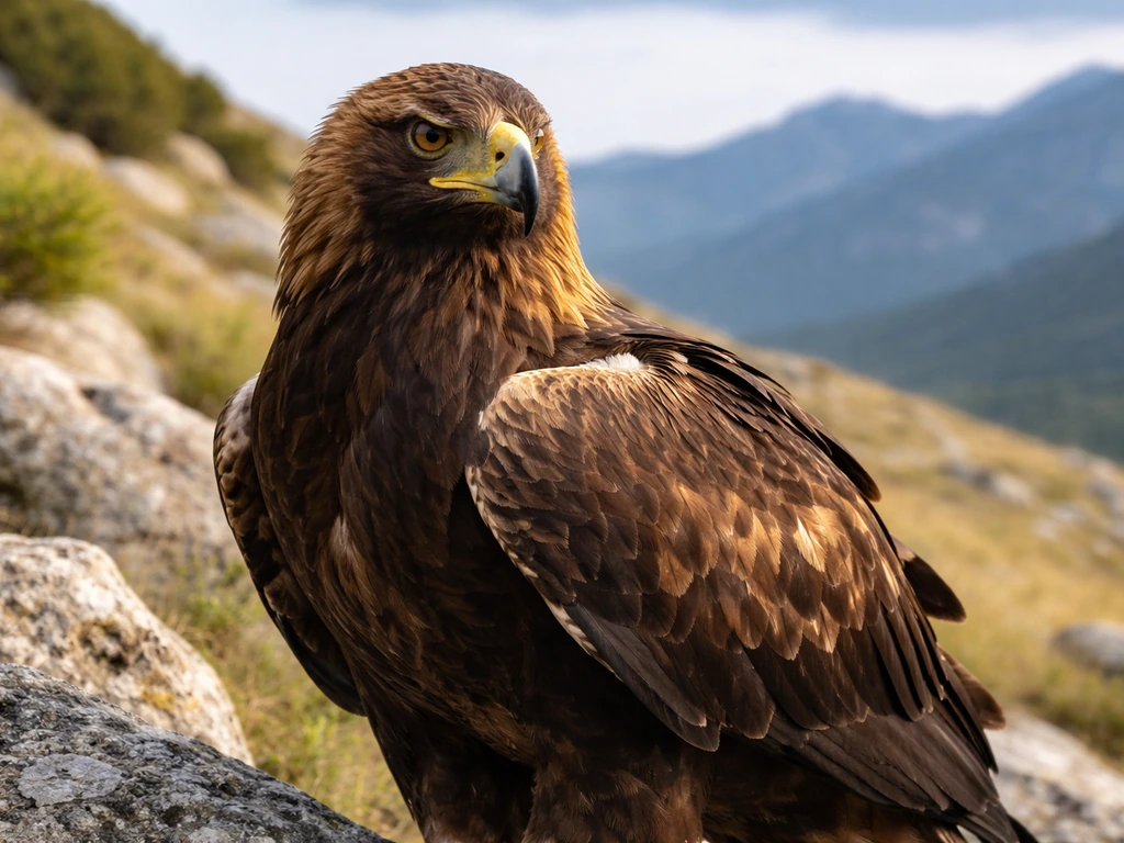 Close-up of a Spanish imperial eagle in Spain with detailed golden-brown feathers and wing patches.