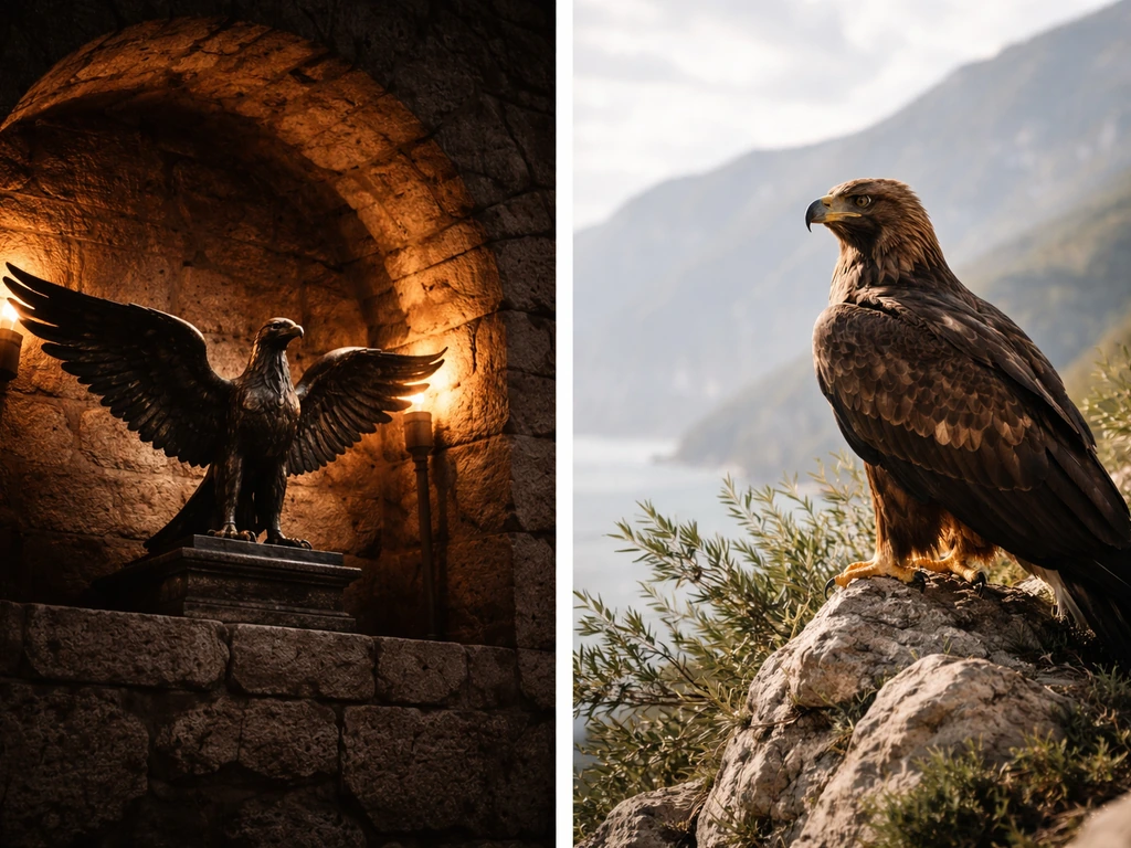 Spanish imperial eagle perched near warm stone and olive branches, with subtle natural light symbolism.