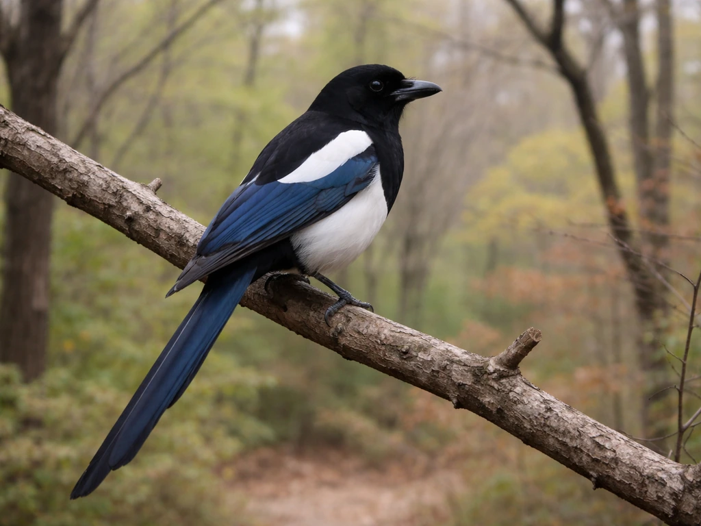 Korean magpie perched on a tree branch in a natural Korean woodland, showing black-and-white plumage and long tail.