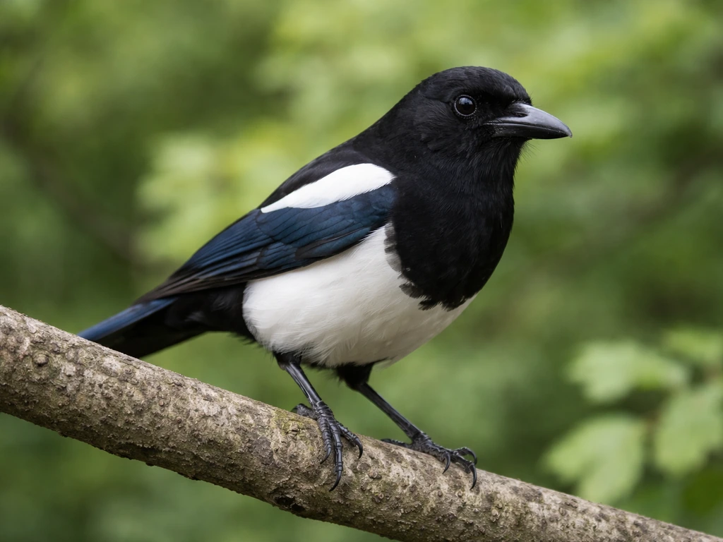 Korean magpie perched outdoors in close-up, showing black-and-white plumage