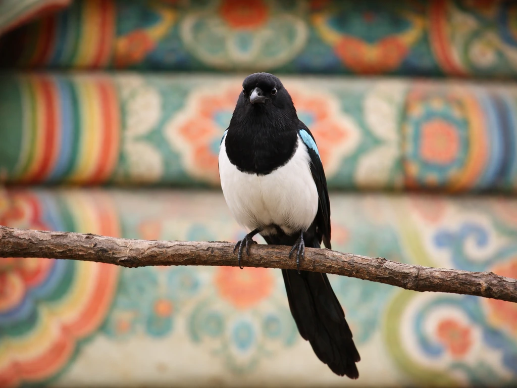 A Korean magpie perched on traditional patterned fabric with warm natural light