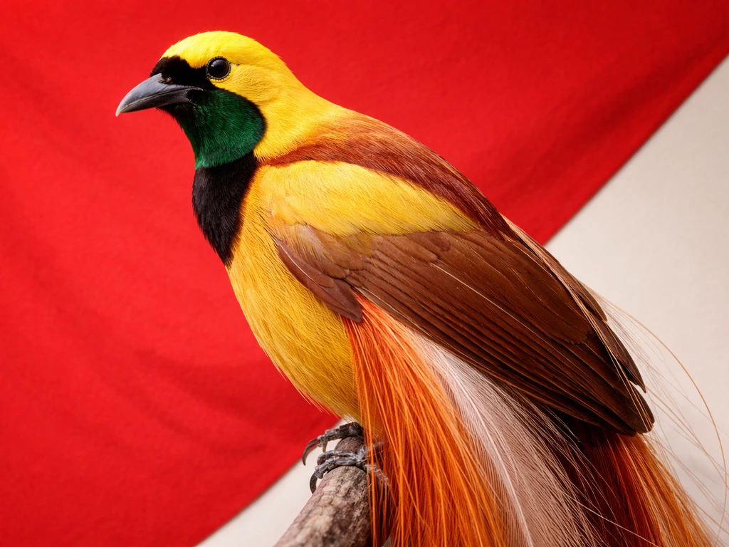 Close-up of a vibrant yellow bird-of-paradise perched against a red triangular background.
