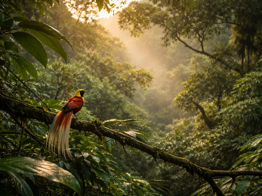 Raggiana bird-of-paradise perched in a misty Papua New Guinea rainforest canopy.