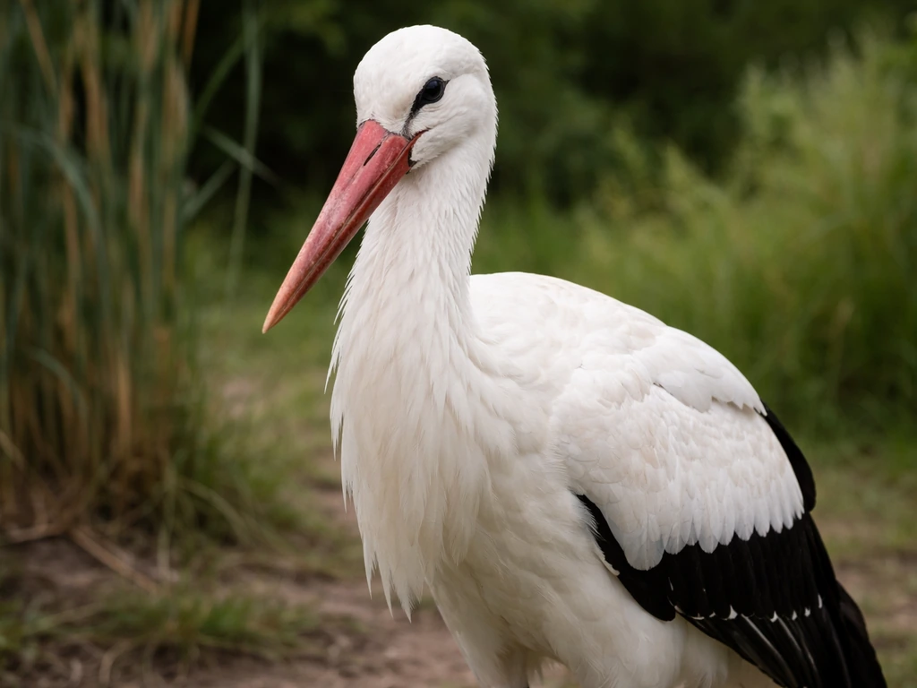 Close-up of a white stork highlighting its white plumage, black feathers, and long dark-red bill.
