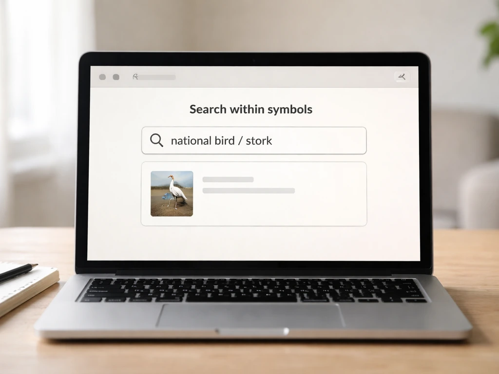 Minimal mock screenshot showing a step-by-step search workflow toward Lithuania Seimas national symbols page