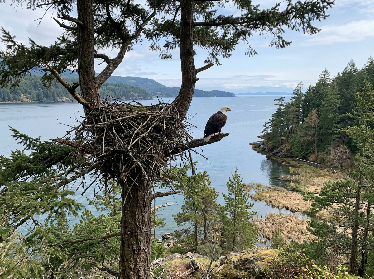 Bald eagle near a nest in its natural habitat, showing recovery in the wild.