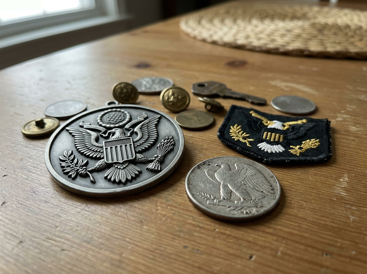 Bald eagle designs on coin, seal-style emblem, and insignia shown together.