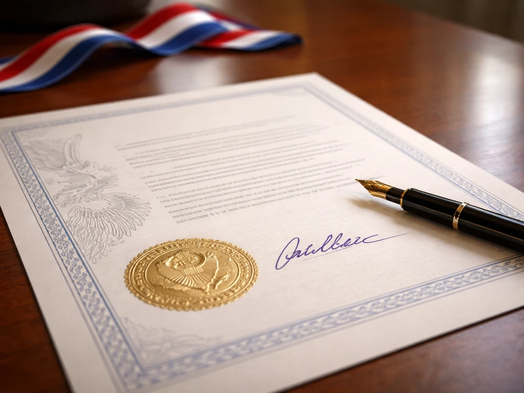 Close-up of a signed U.S. law document with embossed seal and bald eagle motif on a desk.