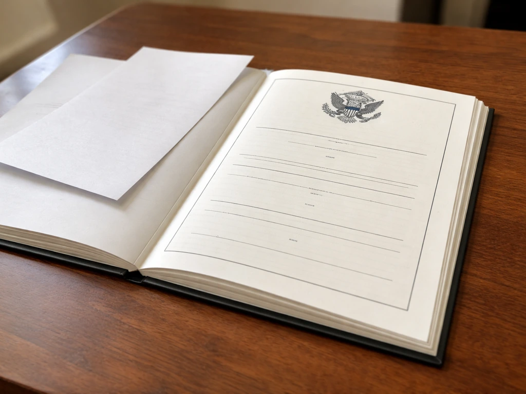 Opened official law document on a wooden desk with the bald eagle emblem visible near the top.