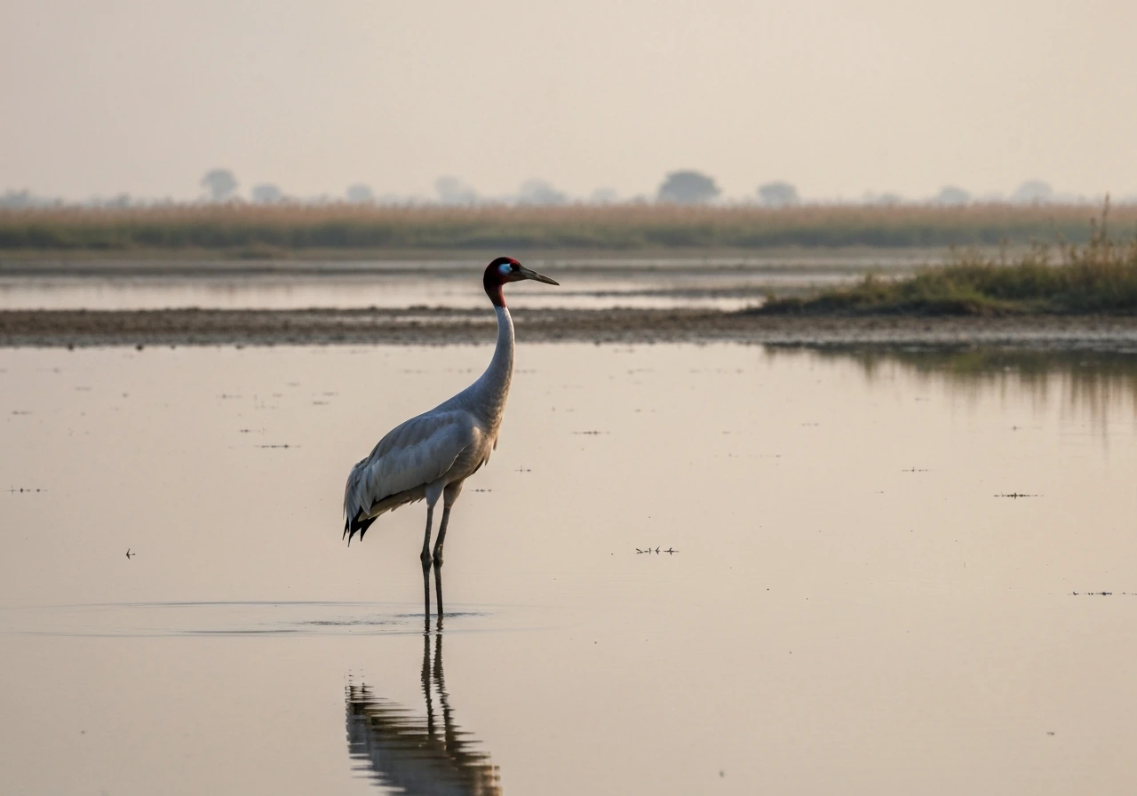 Sarus crane standing in shallow wetland water at Keoladeo National Park with reeds in the background.