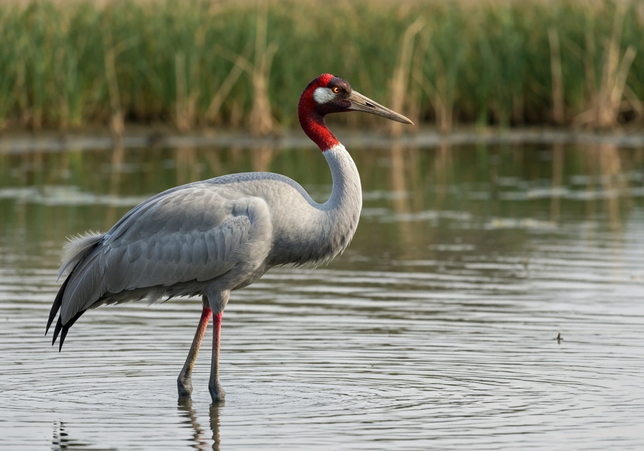 Close view of a Sarus Crane wading in shallow wetland water with reeds in soft background.