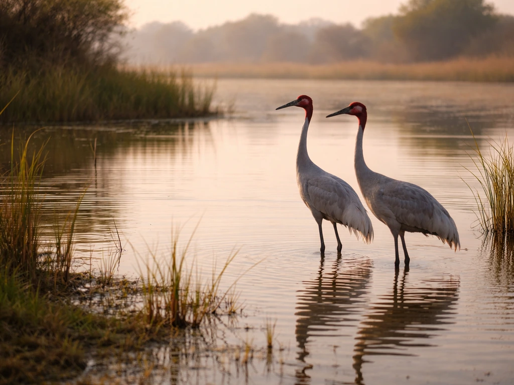 Sarus cranes wading close in a quiet Indian wetland, seen from a clear foreground viewpoint.
