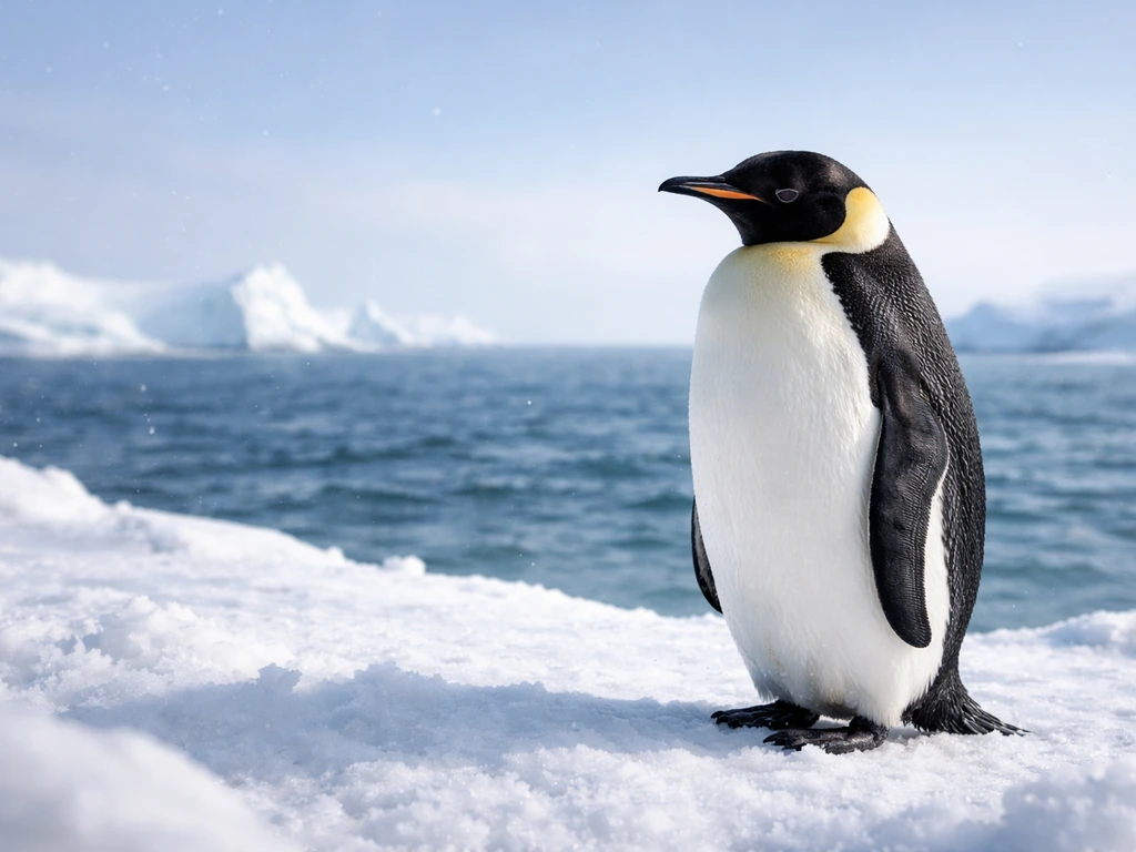 A realistic penguin standing on snowy ice in a polar landscape, bright and eye-catching.