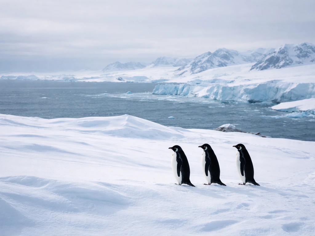 Minimal view of a simplified map-like Antarctica/British Antarctic Territory region with icy terrain and distant penguin