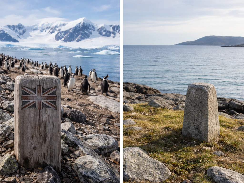 Two adjacent coastal scenes: penguins with a small flag-like emblem on one side, plain marker on the other.