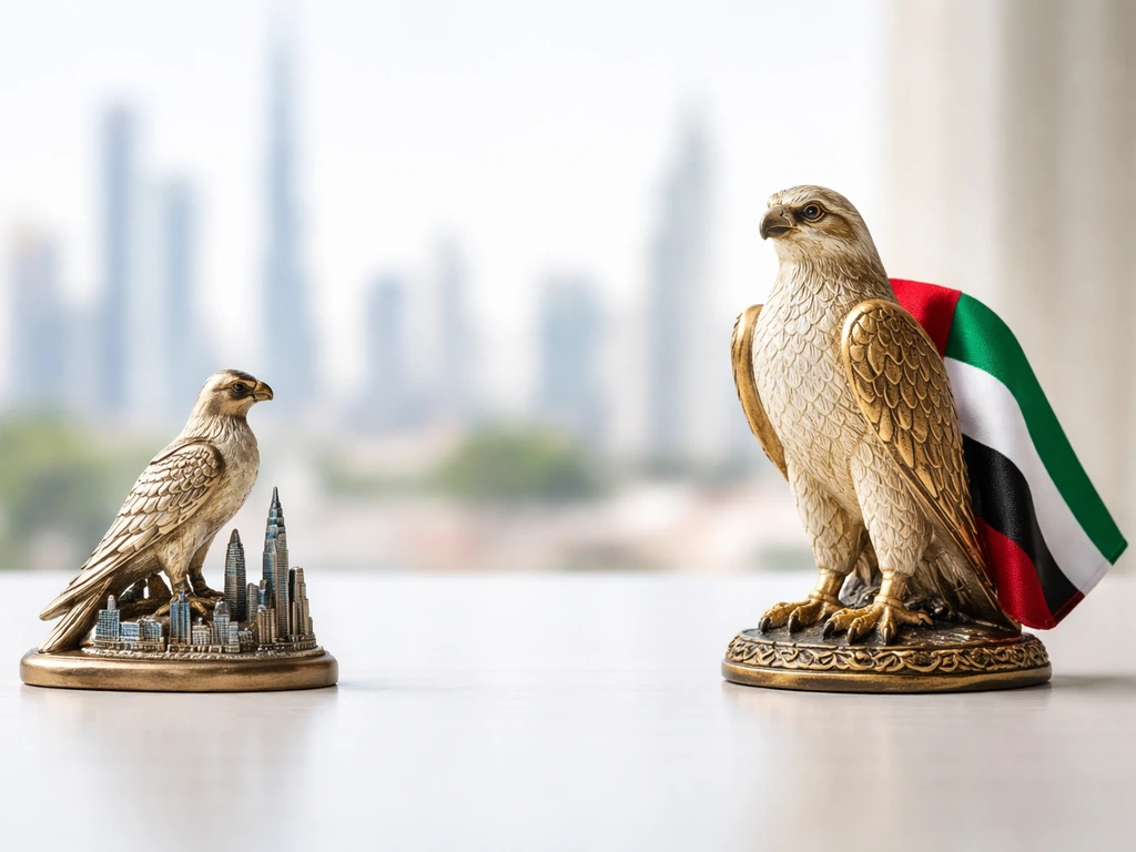 Minimal photo showing UAE national-bird concept with Dubai emirate and UAE federation elements side by side