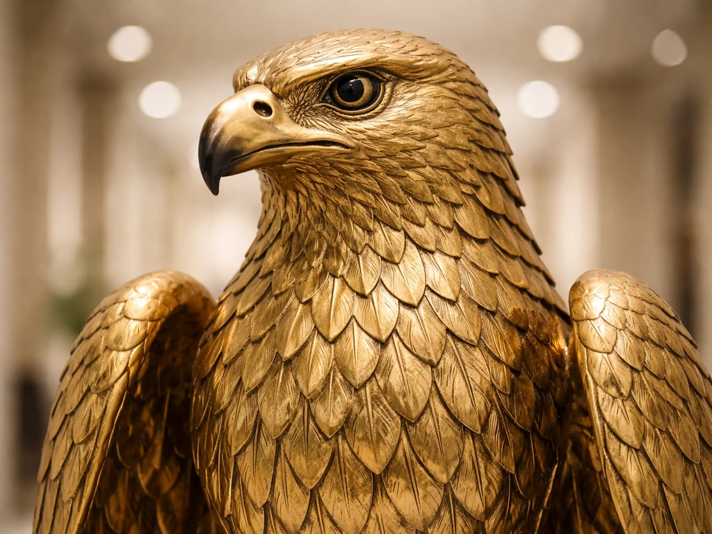 Close-up of a golden falcon emblem with detailed feather textures against a soft neutral background.