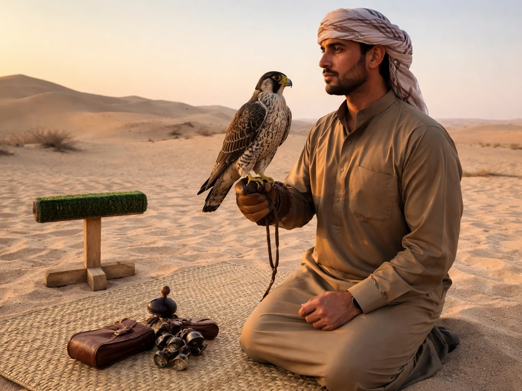 Traditional falconry scene: a handler in desert setting with a trained falcon and falconry gear.