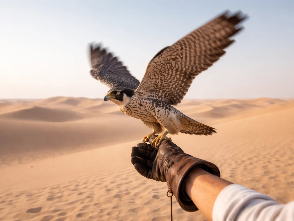 A trained falcon launches from a gloved handler’s fist over desert dunes under natural light.