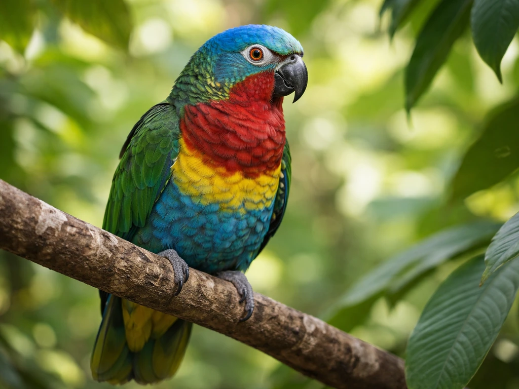 Colorful Saint Lucia parrot perched on a tropical branch with sunlit green leaves in the background.