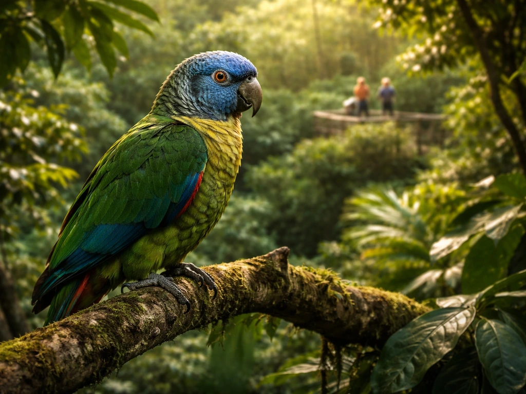 A vibrant Saint Lucia parrot perched in lush rainforest canopy, with distant conservation observers and subtle protectio