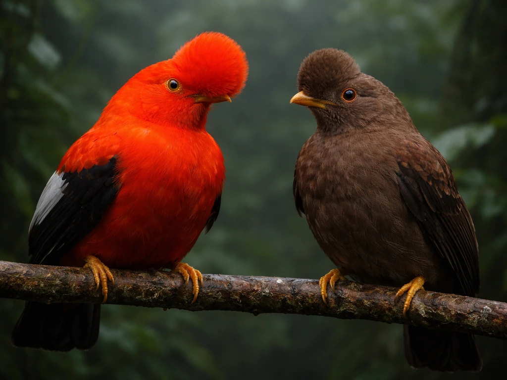 Side-by-side close-up of a vivid red-orange male and a darker brown female cock-of-the-rock on a branch.