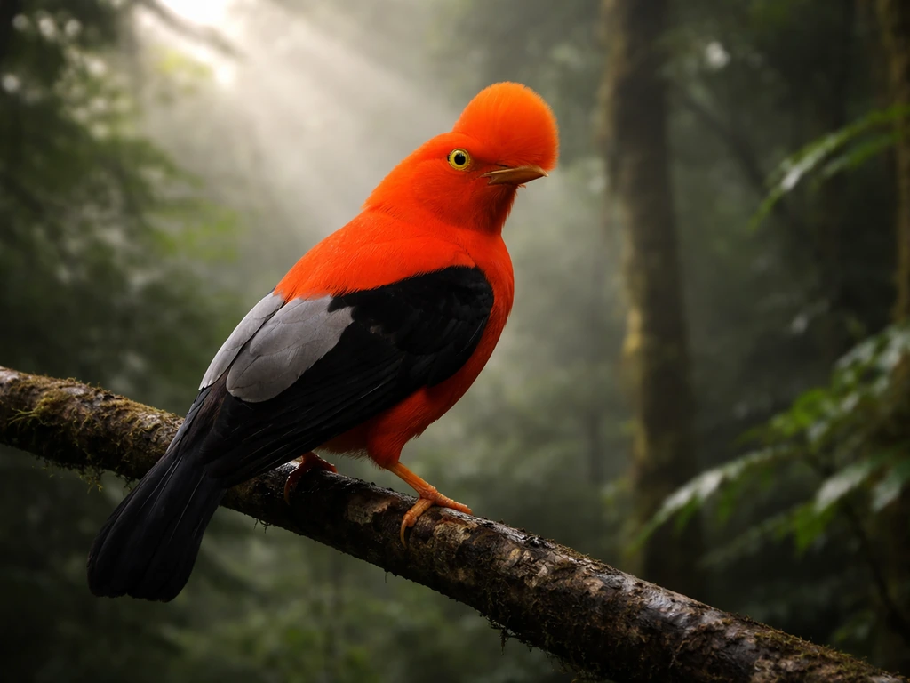Male Andean cock-of-the-rock perched in a forest clearing, orange-red body with black wings