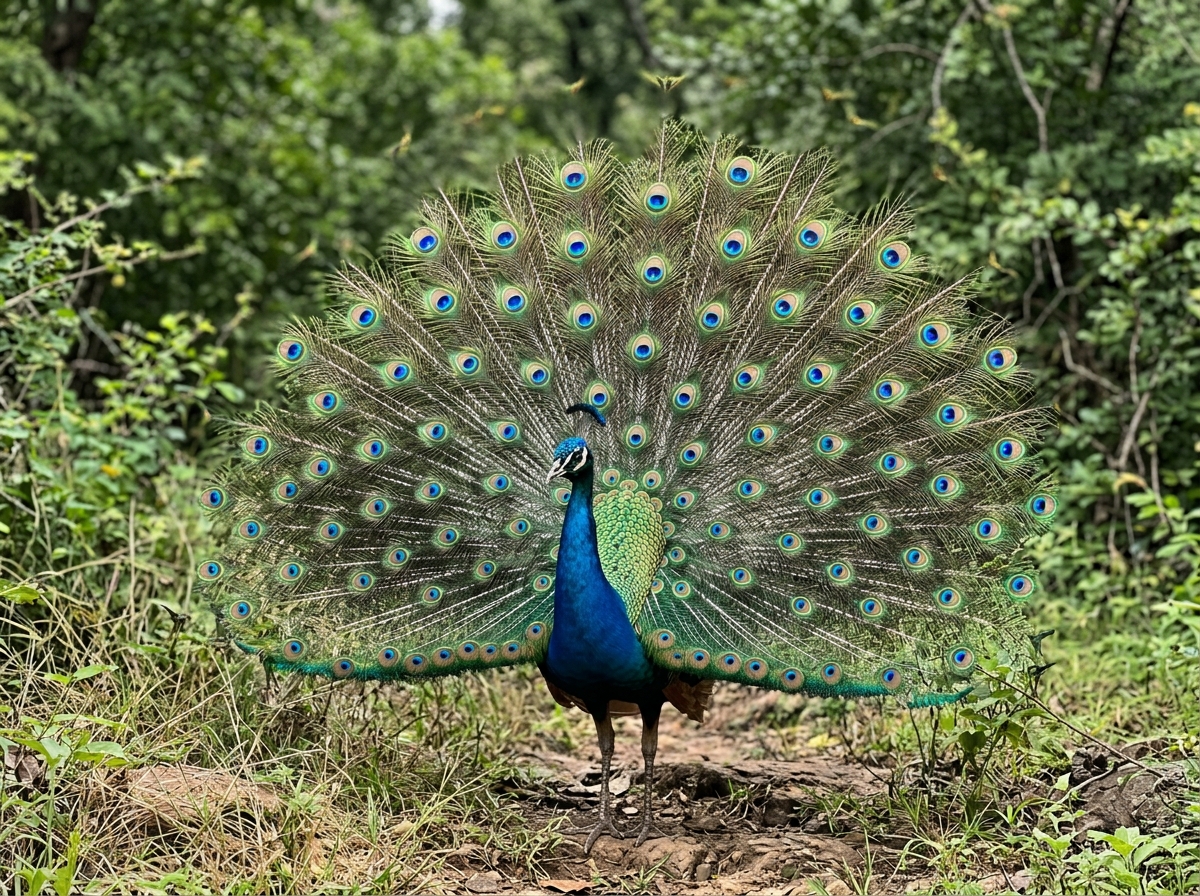 Male peacock displaying full tail feathers, showing why it’s instantly recognizable as India’s symbol