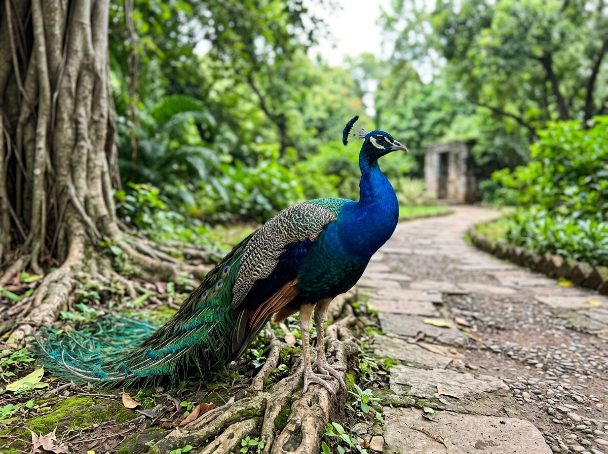 Close-up of peacock in a calm pose to illustrate what 'national bird' means