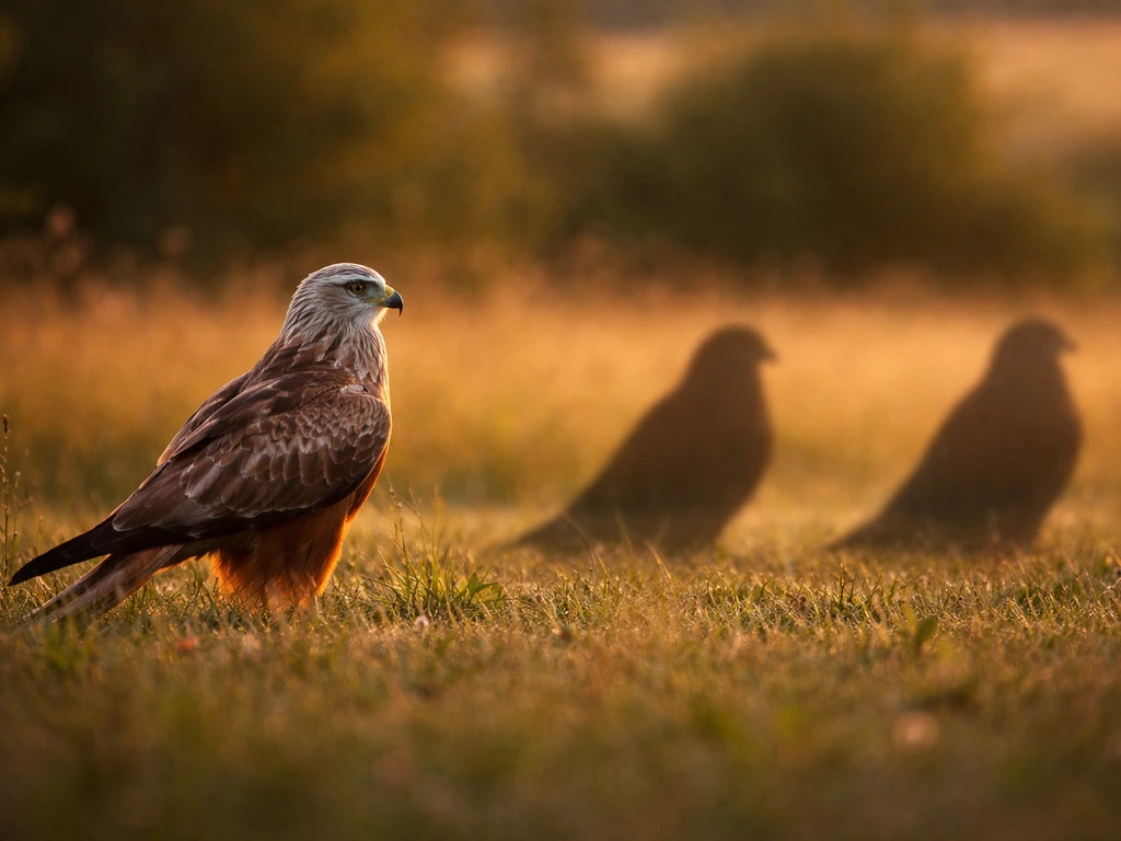 Red kite perched in a field with blurred silhouette comparisons to common look-alike birds.
