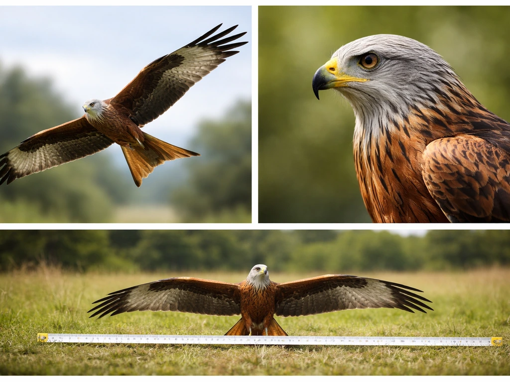 Red kite close-up showing forked tail, pale grey head, chestnut-red body with simple wingspan tape for scale.