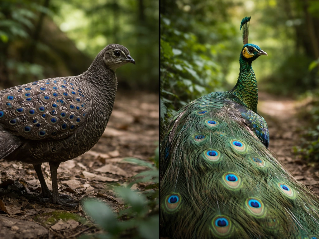Split-scene banner showing a grey peacock-pheasant on one side and a green peafowl on the other.