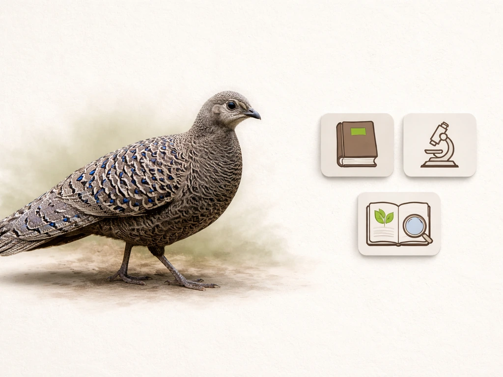 Grey peacock-pheasant illustration beside a simple reference-style tile collage in a clean, minimal setup