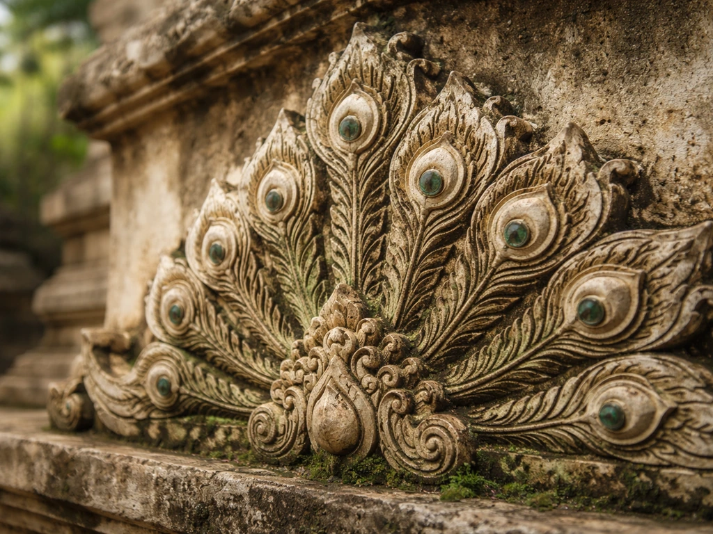 Minimal close-up of carved Burmese-style peacock feather motifs on a weathered temple wall