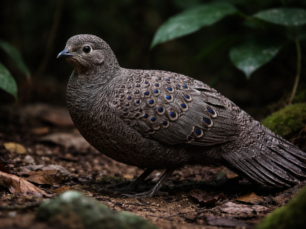 Grey peacock-pheasant in low light forest undergrowth, showing subtle plumage and compact body