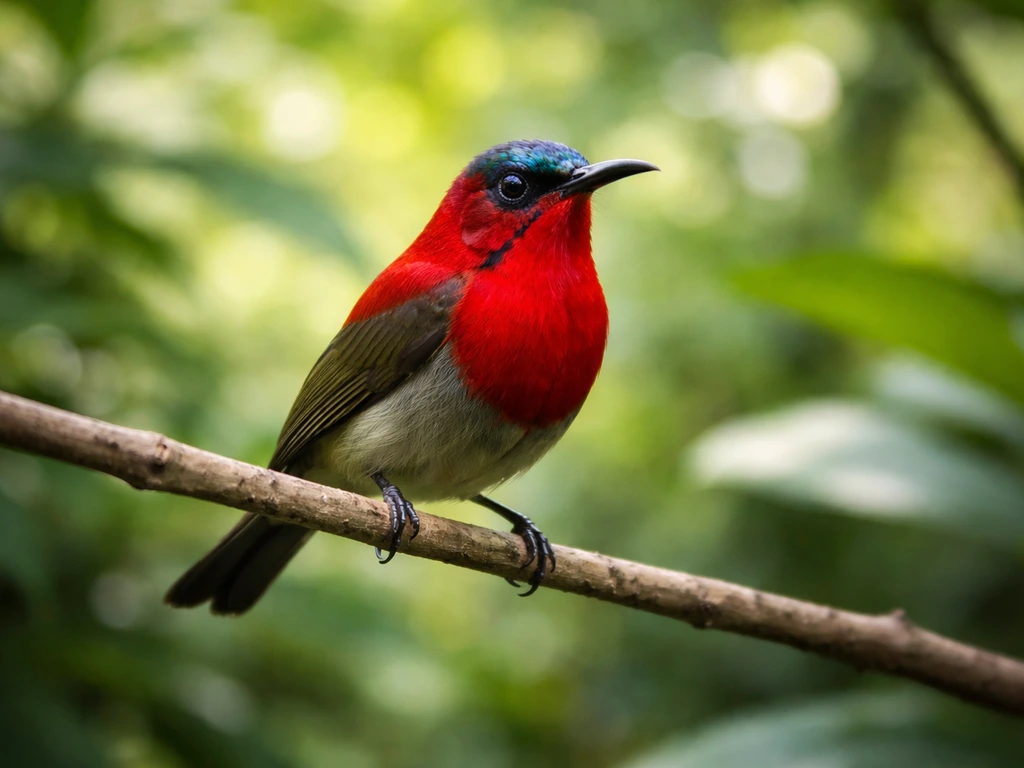 Male Crimson Sunbird perched on a branch, vivid crimson body and dark blue crown in tropical greenery.