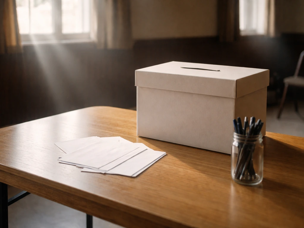 Empty community hall with a simple ballot box and voting materials for a 2002 national bird event