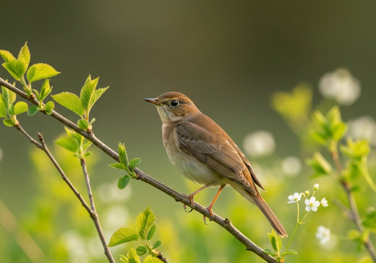 Close-up of a common nightingale perched on a spring branch amid fresh leaves and wildflowers.