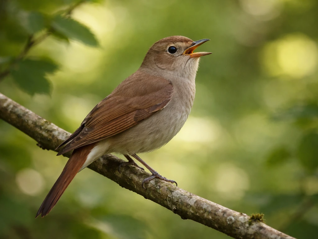 A small brown common nightingale perched on a branch in a green woodland, softly lit background.