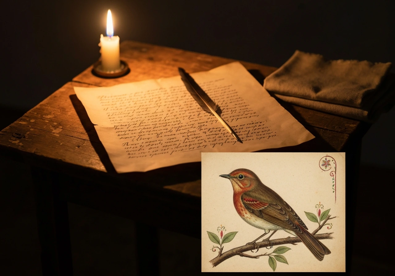 Vintage parchment and quill with a hand-painted nightingale tied to folk storytelling.
